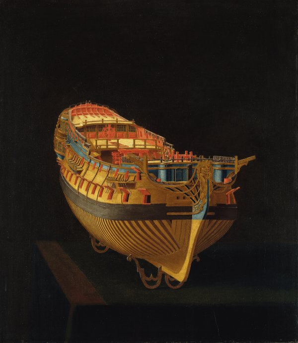 Model of a Ship, Stern View. Modelo de un barco, visto de proa, c. 1740