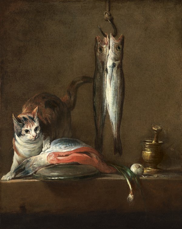 Bodegón con gato y pescado.. Jean-Baptiste-  Siméon Chardin