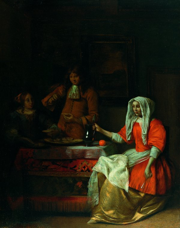 An Interior with Two Women and a Man Eating Oysters. Interior con dos mujeres y un hombre bebiendo y comiendo ostras, 1681