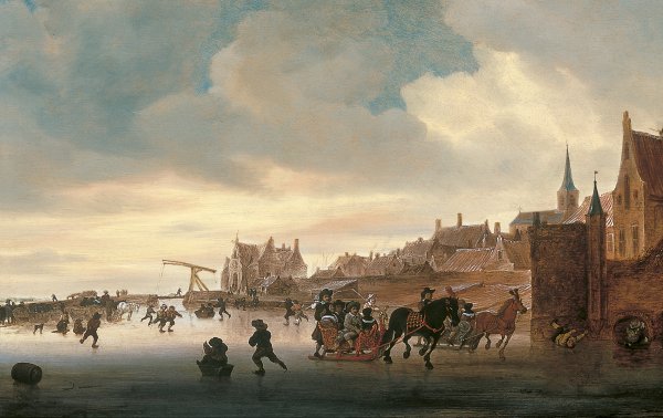 Escena de invierno con patinadores y trineos ante una ciudad. Salomon Jacobsz. van Ruysdael