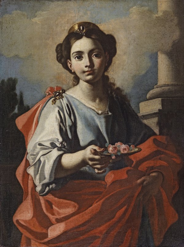 A Female Saint holding a Platter with Roses. Santa sosteniendo un plato con rosas