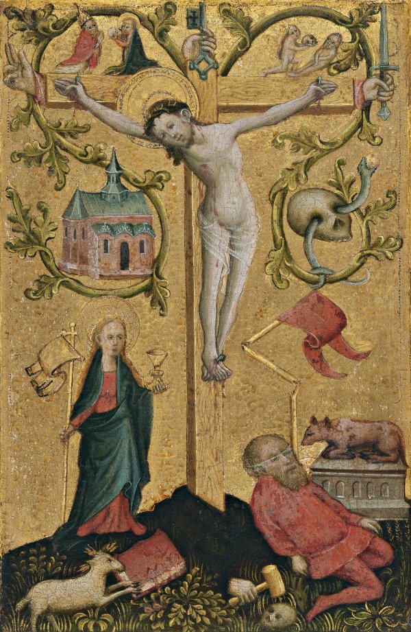 Díptico con símbolos de la Virgen María y Cristo Redentor: Cristo en la Cruz como Redentor del mundo (ala derecha). Anónimo ALEMÁN activo en Westfalia