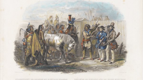The Travellers meeting with Minatarre Indians near Fort Clark, 1832-1834 