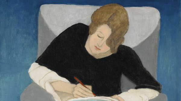 Señora escribiendo en un sillón (Estenografía: Mujer suiza en pijama), 1929
