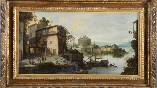 Vista de un puerto fluvial con el Castillo de Sant&#039;Angelo, s.f. 
