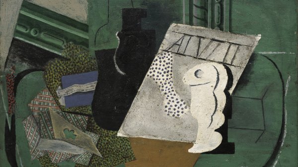 Playing Cards, Tobacco, Bottle, and Glass, 1914