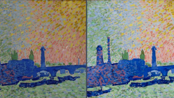 Detalle comparativo de la obra, antes y después de la restauración